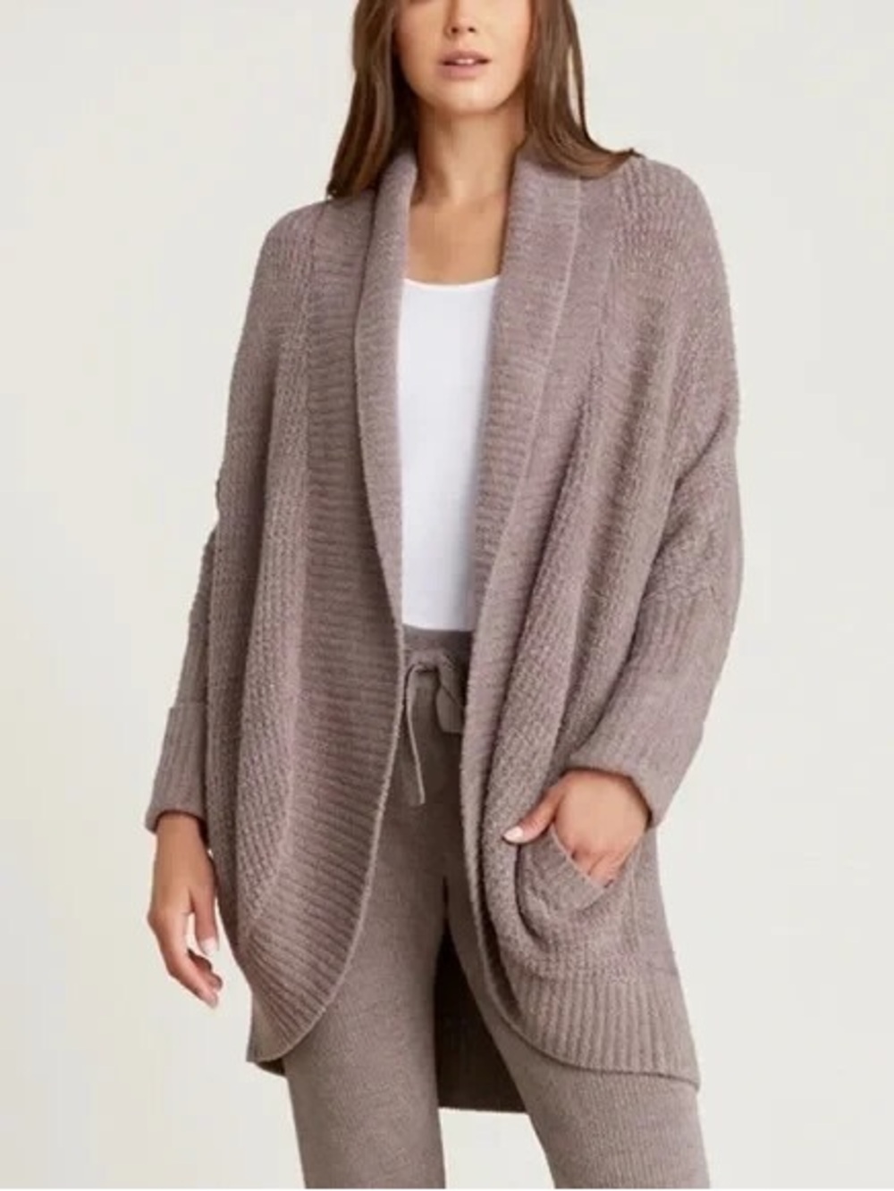 ELLE Taupe Open-Front Shawl Collar Cardigan